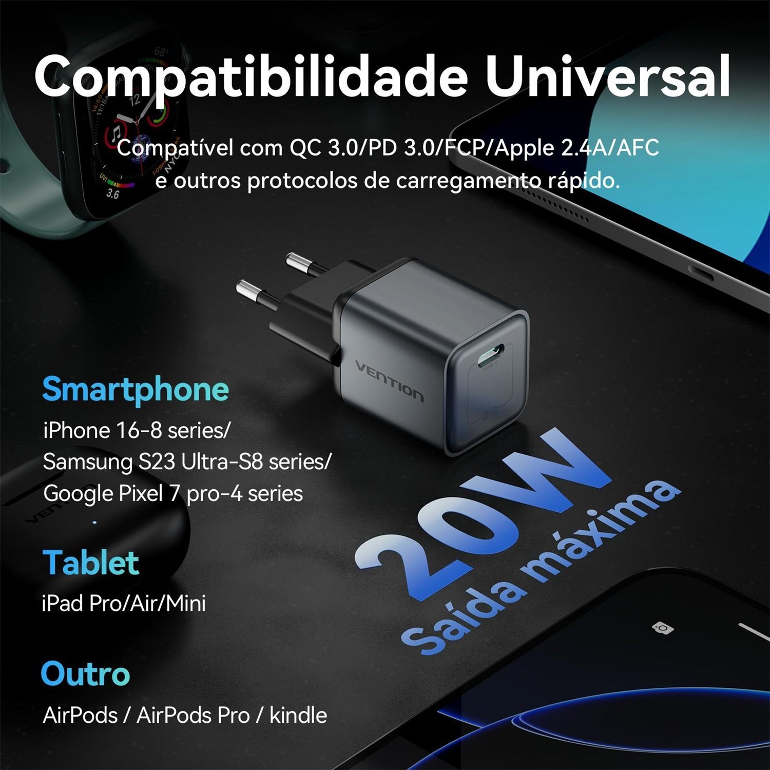 Carregador Turbo 20W USB-C para iPhone Samsung Xiaom - Vention - Imagem 3