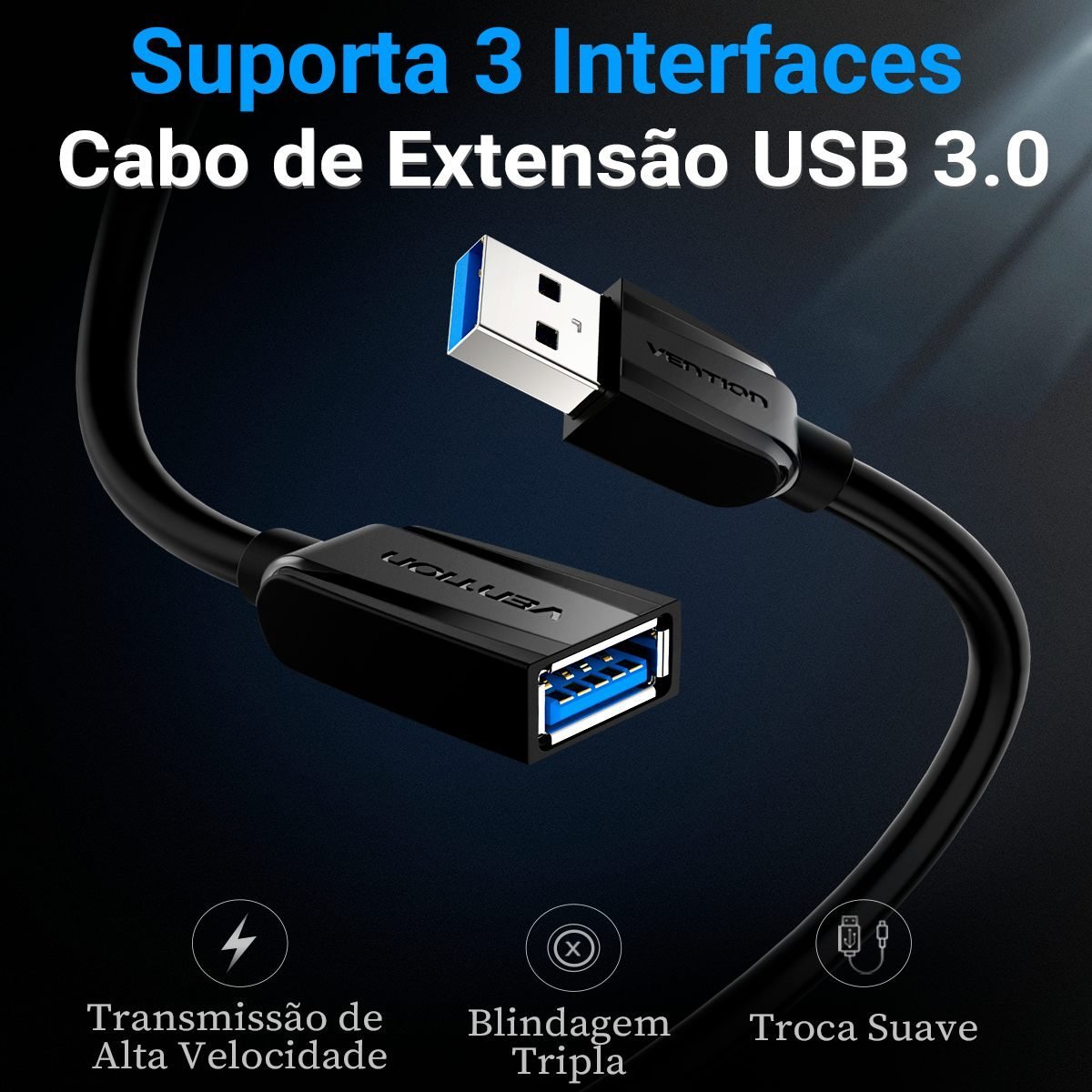 Cabo Extensão USB 3.0 Macho USB Fêmea HD Externo - Vention - Imagem 3